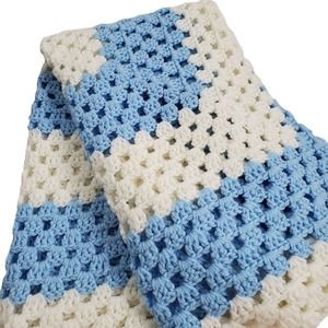 Baby Crochet Blanket Blue White Handmade Boy 40x36